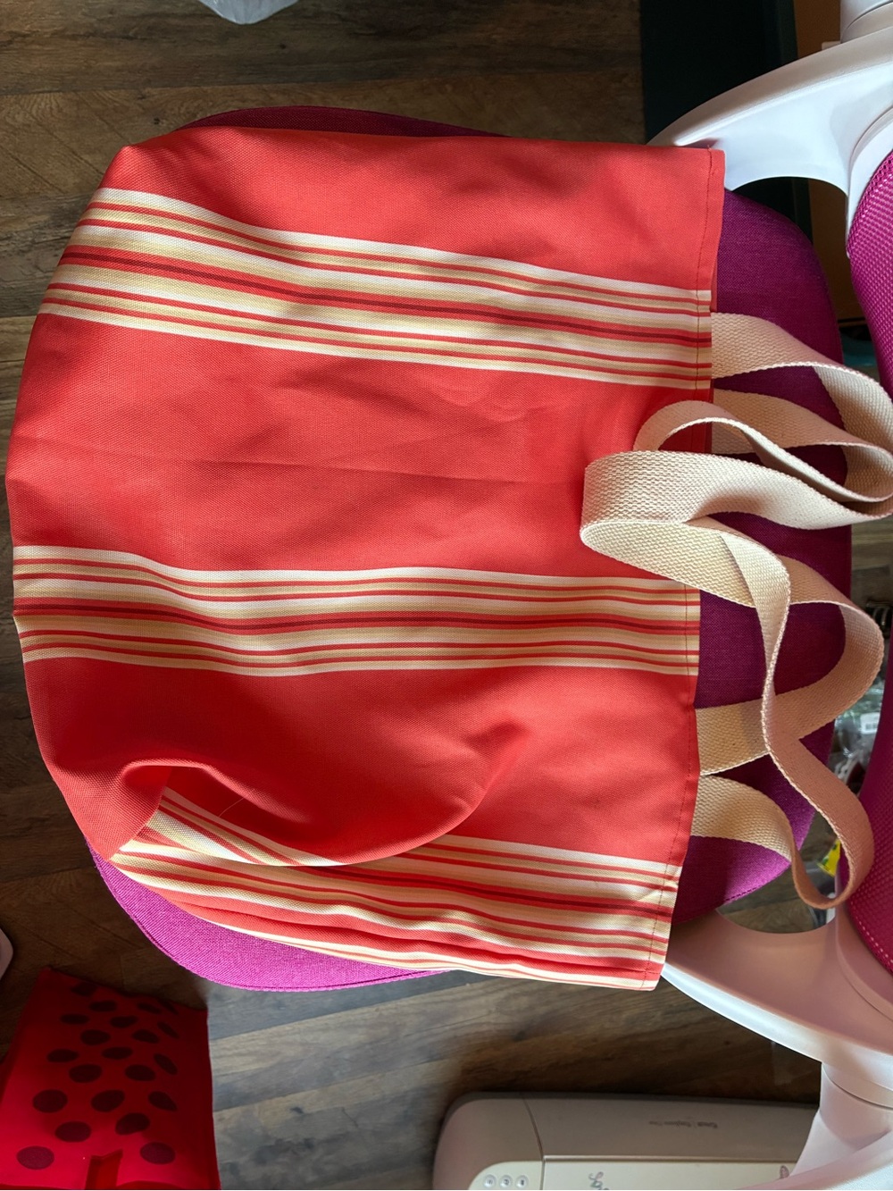 Striped Coral Tote Bag with Cream Handles